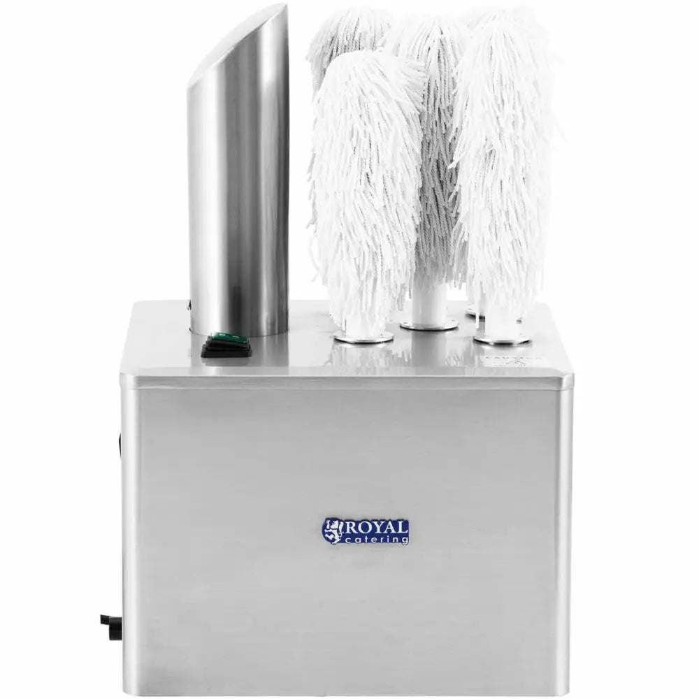 Poleringsmaskin for glass, frontbilde med tre hvite børster og tydelig logo på rustfritt stål.