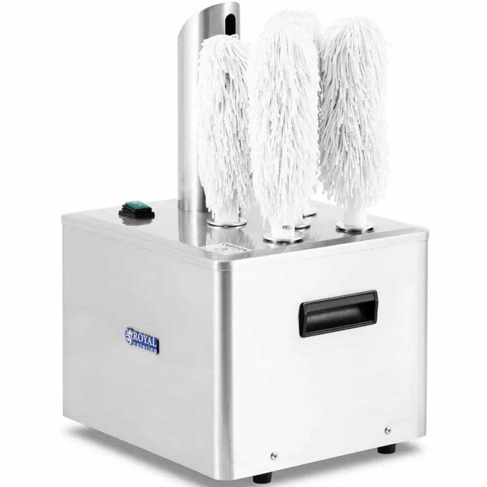 Poleringsmaskin for glass, tre hvite børster på toppen, synlig sort bryter og håndtak foran, skrå vinkel.