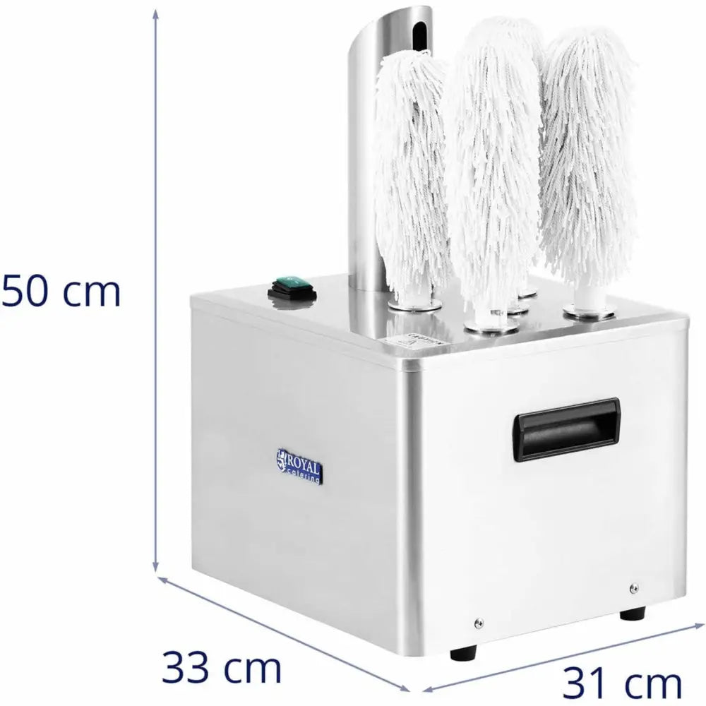 Poleringsmaskin for glass og kopper, skråvisning med tre hvite børster og synlige målmarkeringer på maskinen.