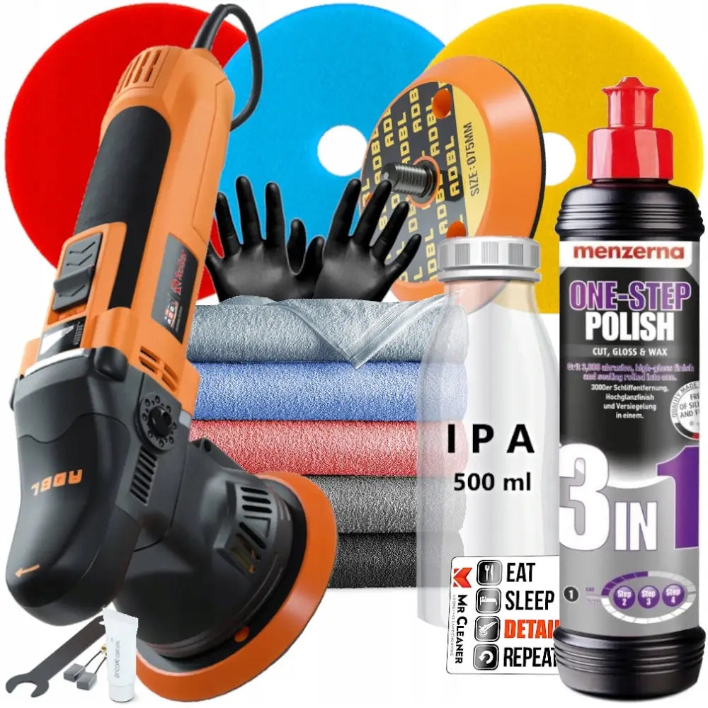 Poleringsett Adbl Roller og Menzerna 3-I-1 med maskin, fargekodede puter, kluter, hansker, IPA og polish samlet.