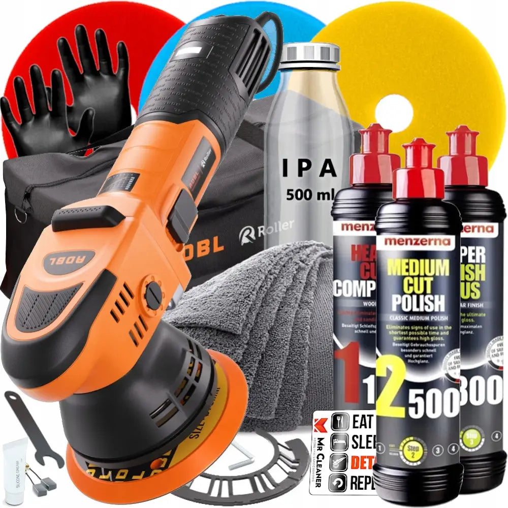 Poleringssett med Menzerna og ADBL, maskin, flerfargede puter, poleringsmidler og hansker avbildet forfra.