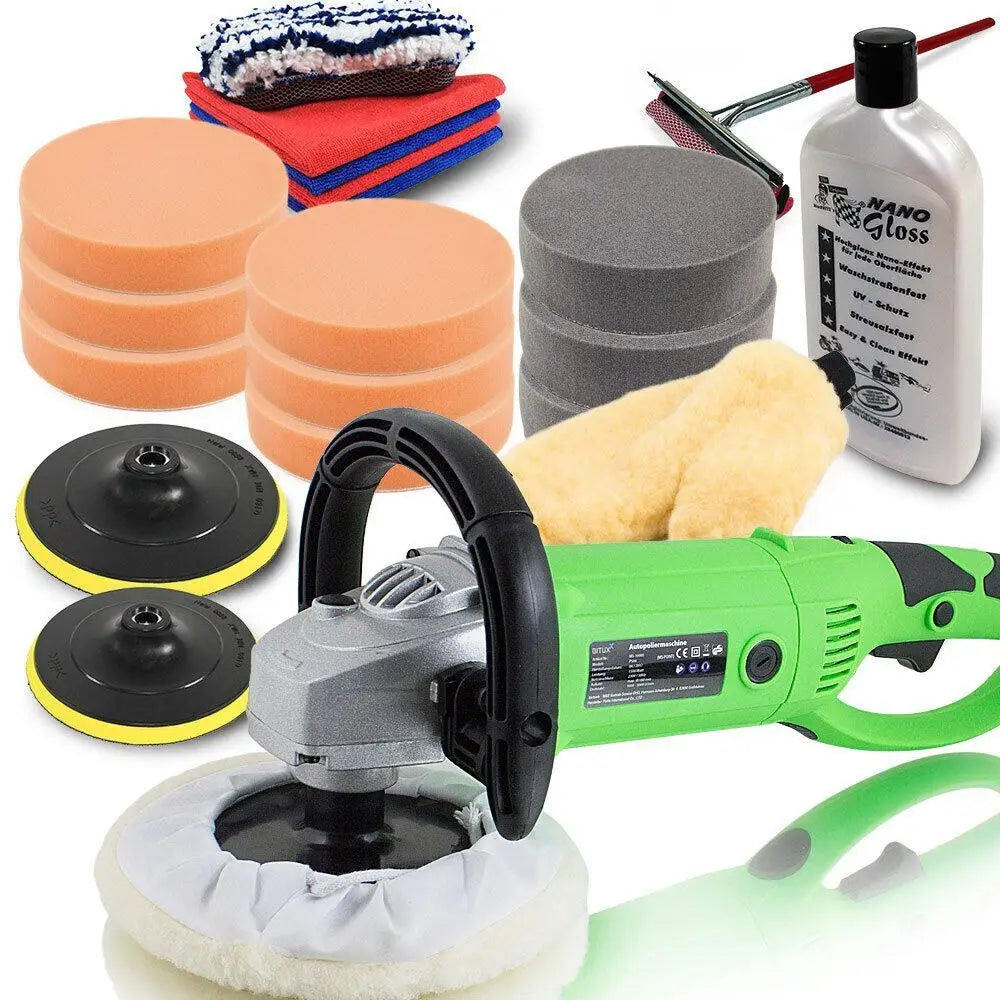 Poleringssett med utskiftbare puter, elektrisk maskin og tilbehør synlig på hvit bakgrunn.