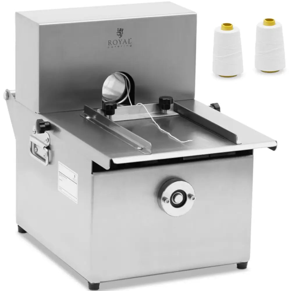 Pølsebinding maskin i rustfritt stål, skrå forside med to hvite trådsneller og justerbare detaljer synlige.