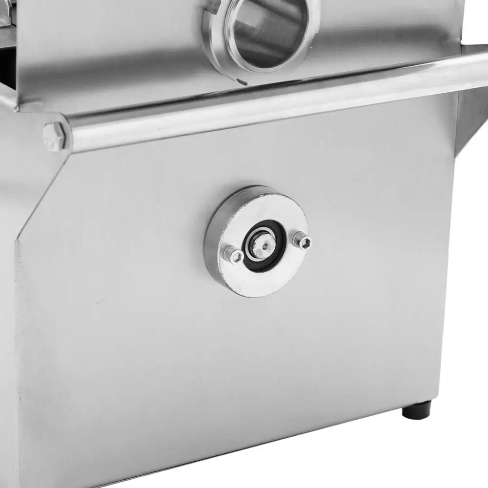 Pølsebinding maskin, nærbilde av rustfritt maskinhus med rundt lagerfeste og synlige bolter på siden.