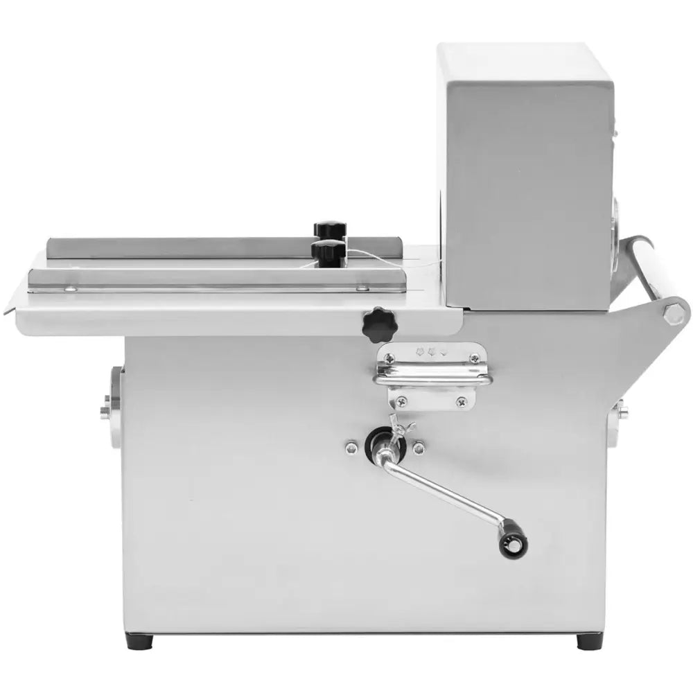 Pølsebinding maskin i rustfritt stål sett fra siden, med synlig sveiv og sorte justeringsbrytere på toppen.