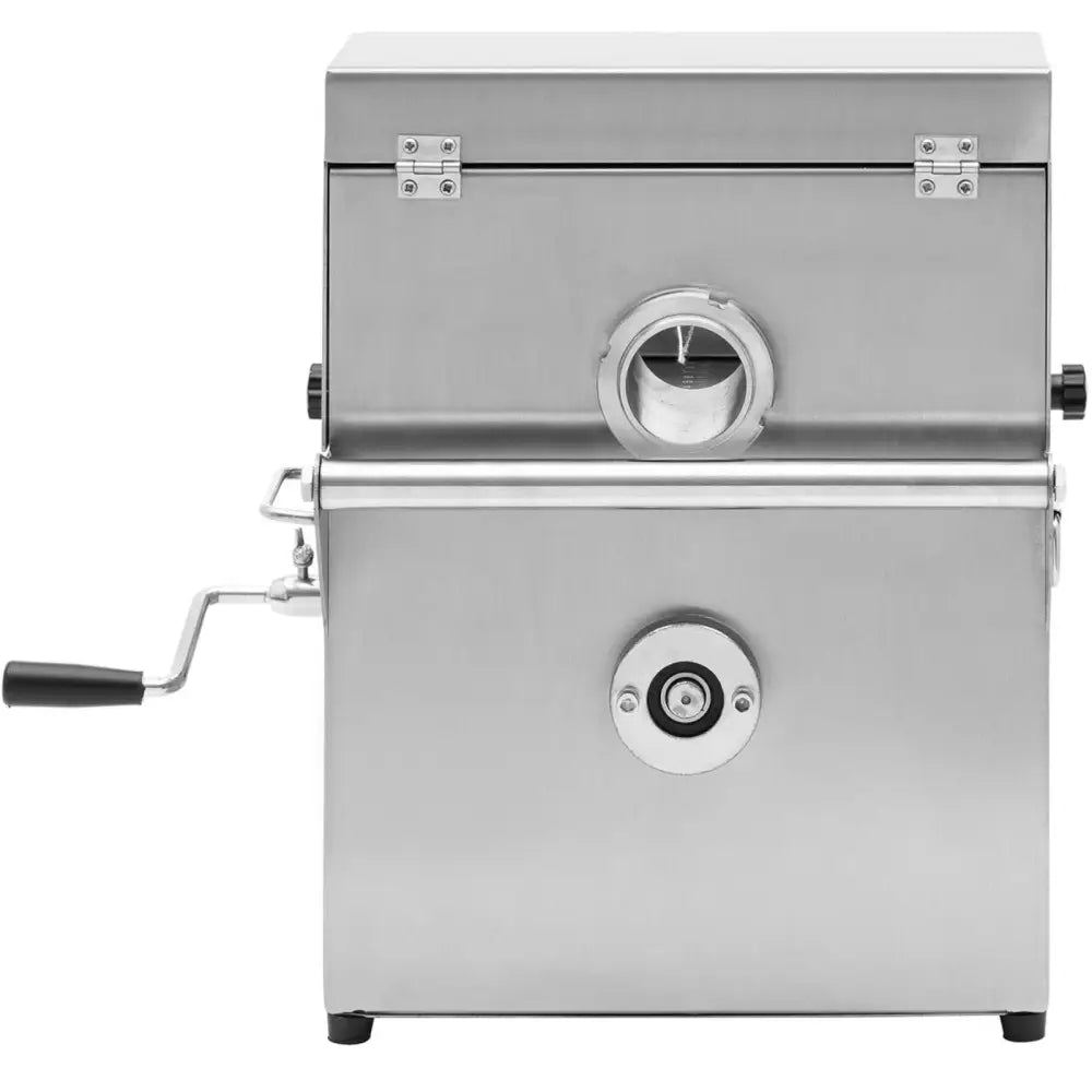 Pølsebinding maskin i rustfritt stål, frontvisning med synlig sveiv, rund åpning og hengslet lokk.
