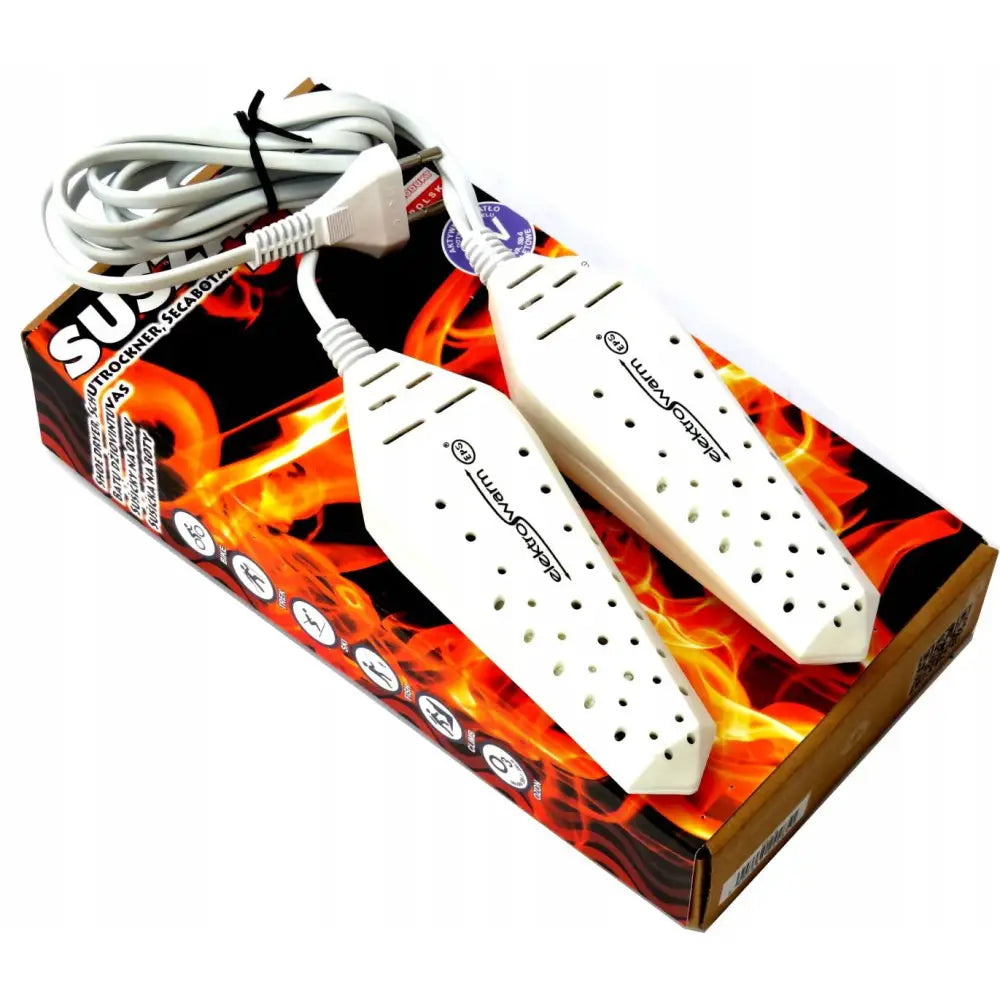 Polsk skotørker med UV- og ozonlufting, hvite enheter med lufteslisser på eske med flammemønster.