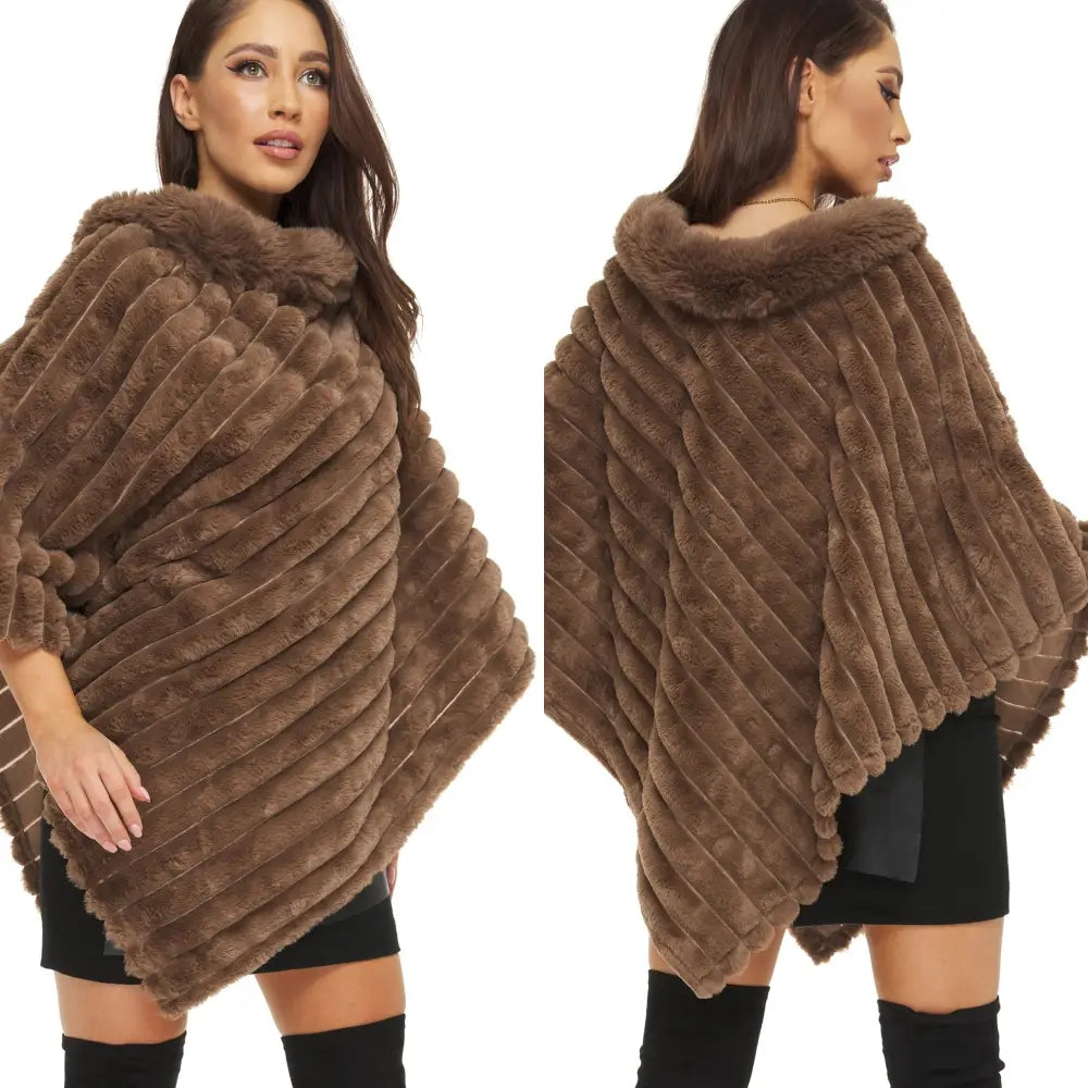 Poncho Bolero med Kunstig Pels i Striber Beige Taupe
