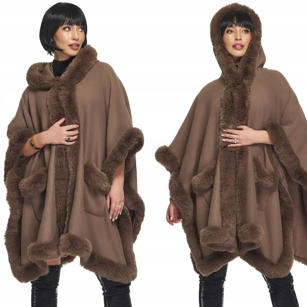 Poncho med Hette Lommer Overkast Bolero Strikket Pels i Beige