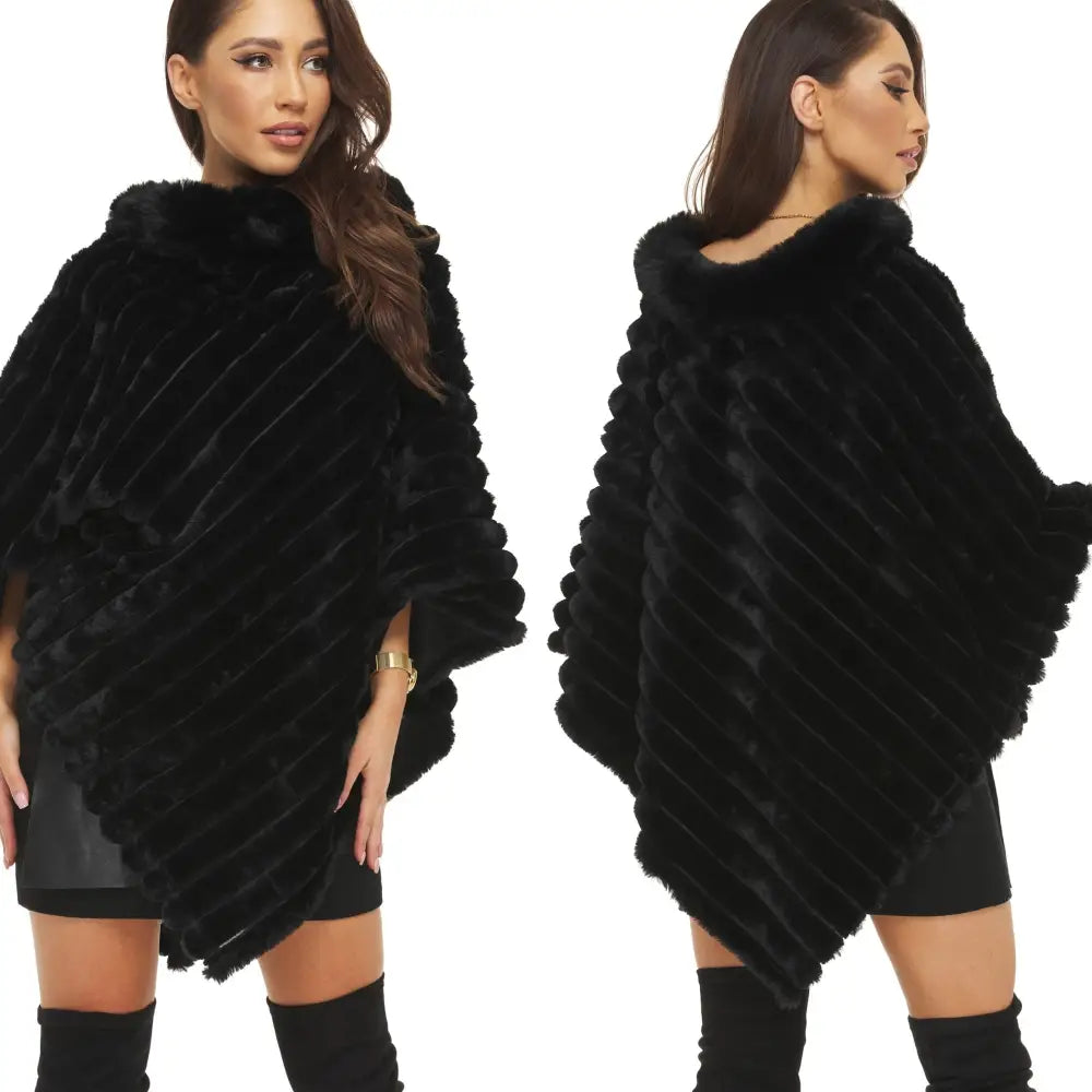 Poncho med Kunstig Pels og Striper i Svart