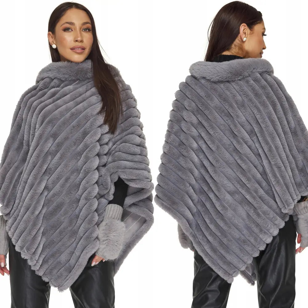 Poncho med Striper i Kunstig Pels i Askegrå