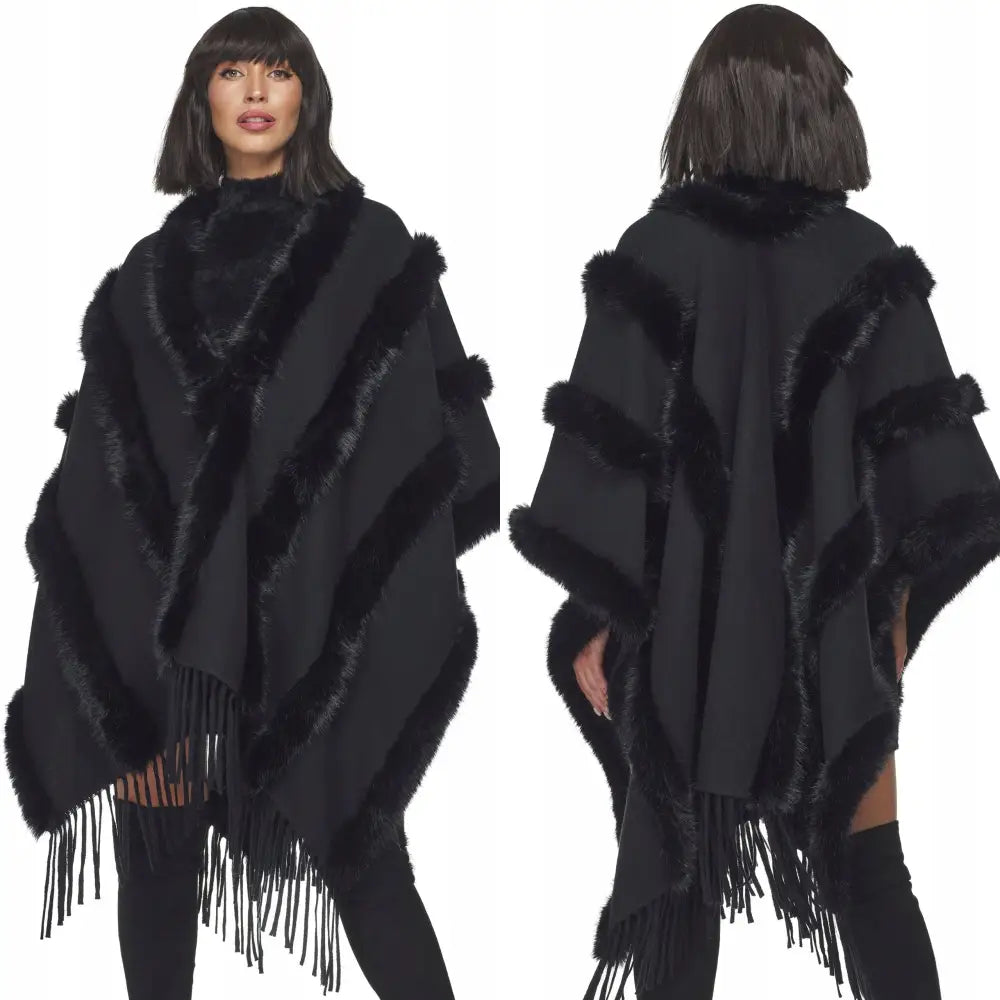 Poncho Overtrekksjakke Bolero Strikket med Fuskepels og Frynser Svart