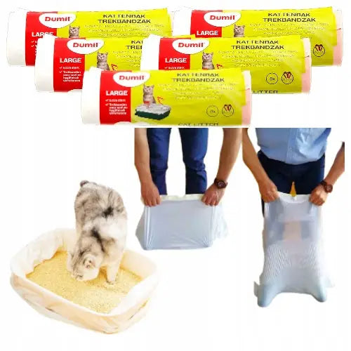 Poser til kattedo XL, tre fargerike ruller og demonstrasjon av posefjerning med katt i kattedo.