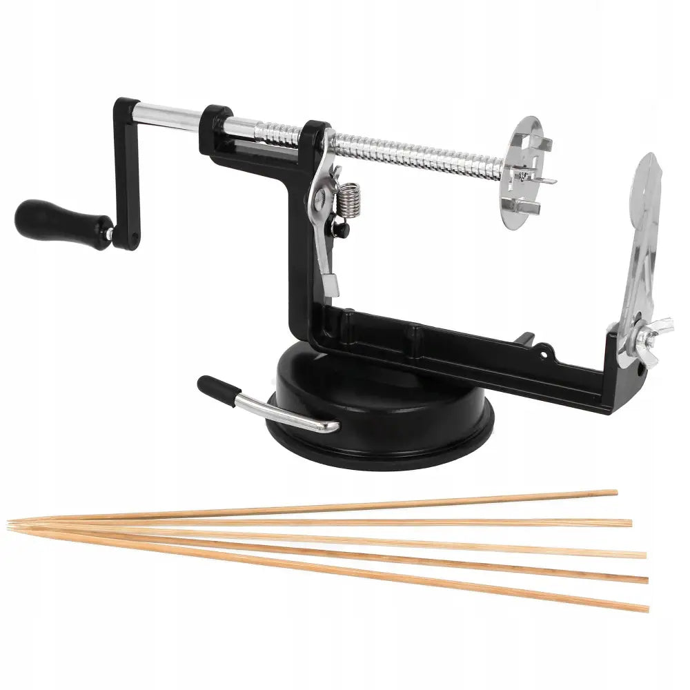 Potetskjærer for pommes frites og spiralkuttede chips, sidevisning med sveiv, sugekopp og seks trepinner foran.