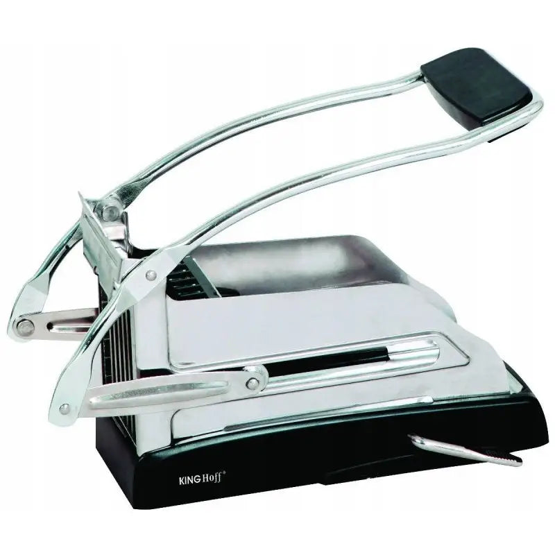 Potetskjærer Kinghoff, sidevisning med sort håndtak, metallspak og rister for enkel kutting av poteter.