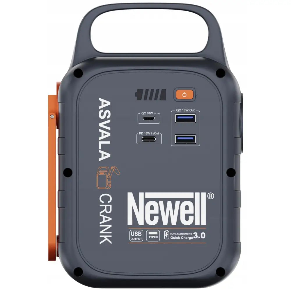 Power Station Newell Asvala Kveiv, grå powerbank med oransje detaljer og bærehåndtak, frontvisning på hvit bakgrunn.