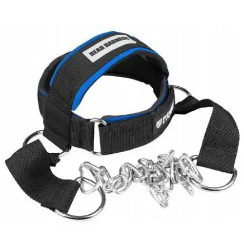 Power System nakkestøtte for muskeløvelser, skråvisning av polstret sele med metallringer og robust kjetting.