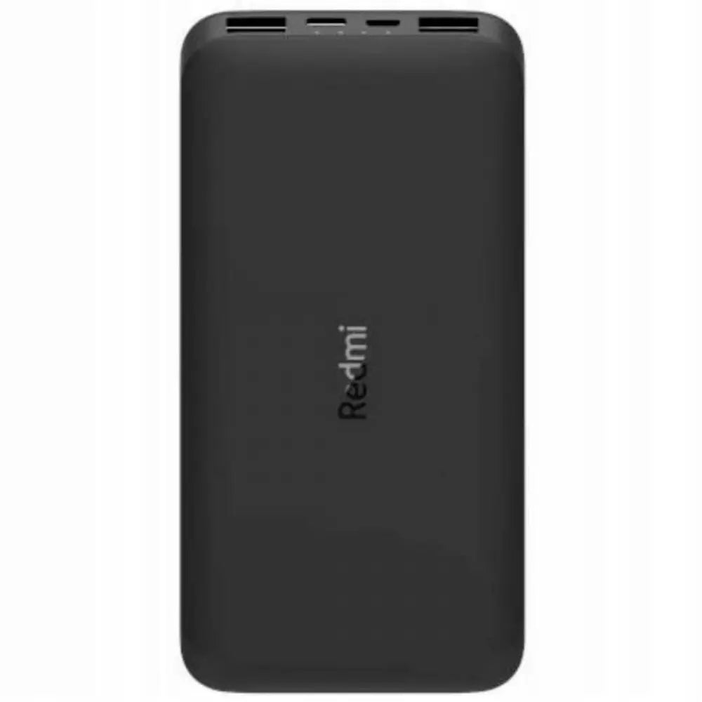 Powerbank Superhurtiglading, sort modell med Redmi-logo, sett ovenfra med synlige porter og avrundede hjørner.