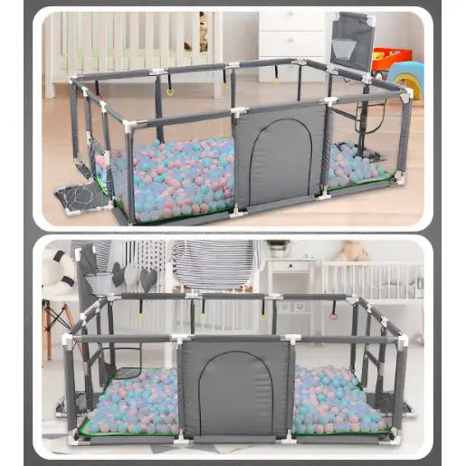 Premium lekegrind for barn, grå med netting, rosa og blå baller, døråpning og oppbevaringslommer.