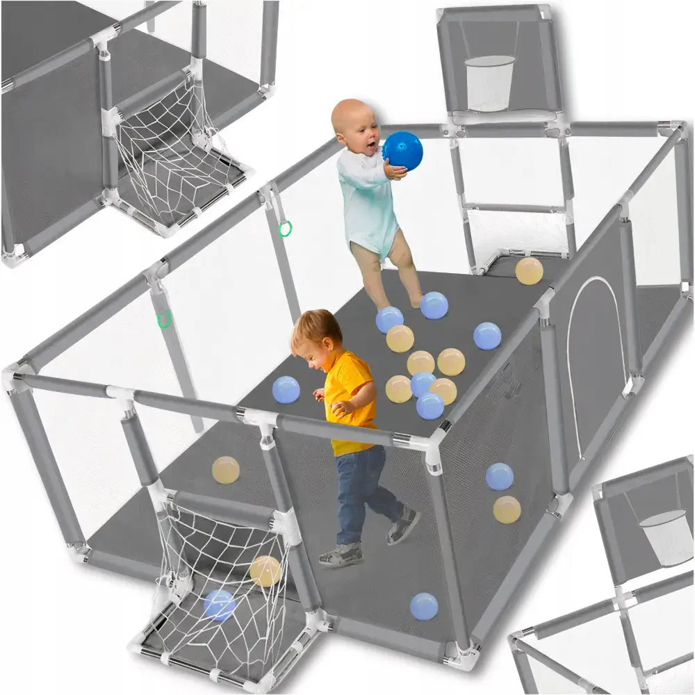 Premium lekegrind for barn i grått, sett skrått ovenfra med basketballkurv, fotballmål og lekende barn.