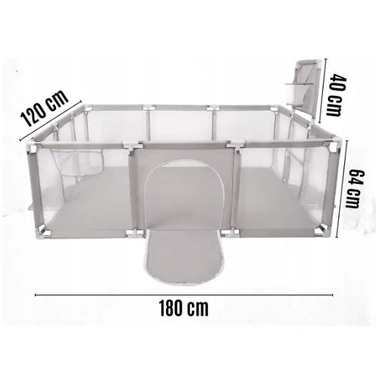 Premium lekegrind for barn, grå netting, frontvisning med markerte mål og avrundet port nederst.