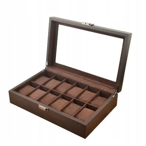 Presentasjonsskrin i glass og skinn, mørkebrun boks med tolv rom, glasslokk og mykt, brunt interiør.