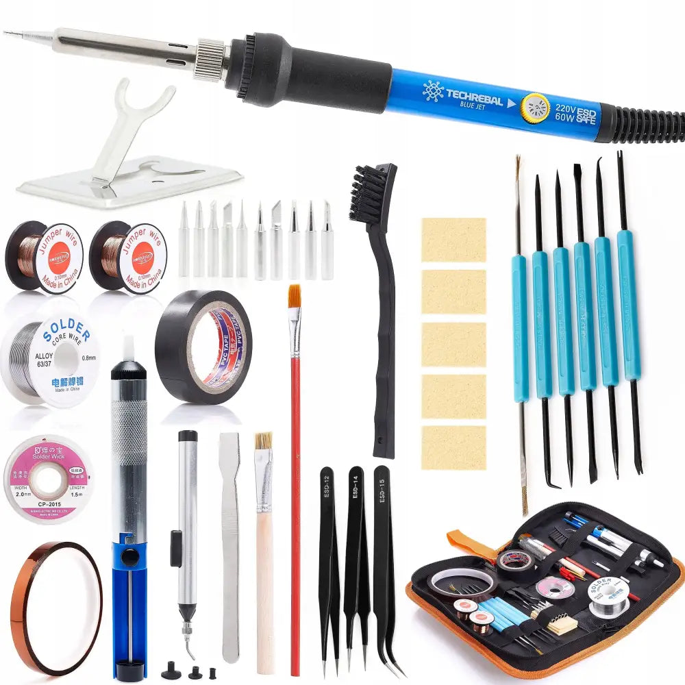 Presisjons loddebolt 60W med tilbehør, settet inneholder loddespisser, tenger, tape, tinn og oppbevaringsmappe.