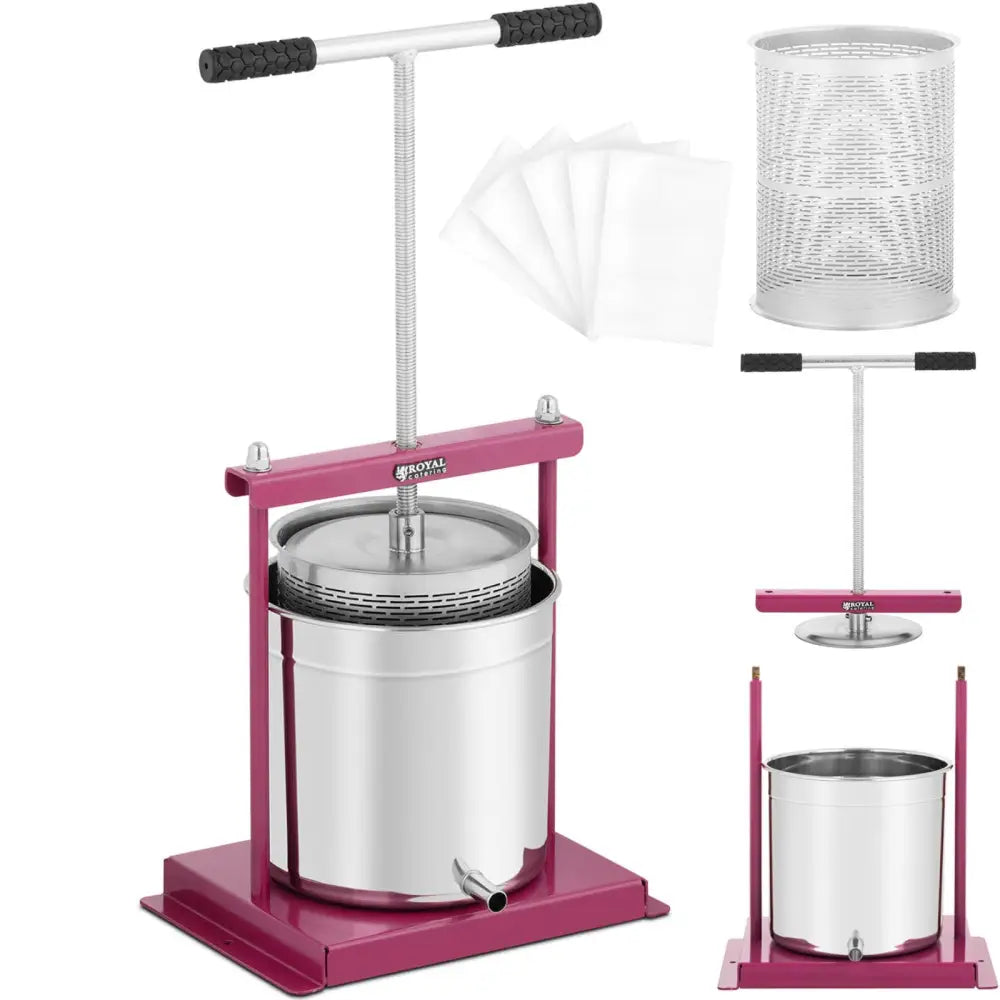 Rustfri fruktpresse 12 L med rosa ramme, sort håndtak og inkluderte hvite filterposer, sett mot hvit bakgrunn.