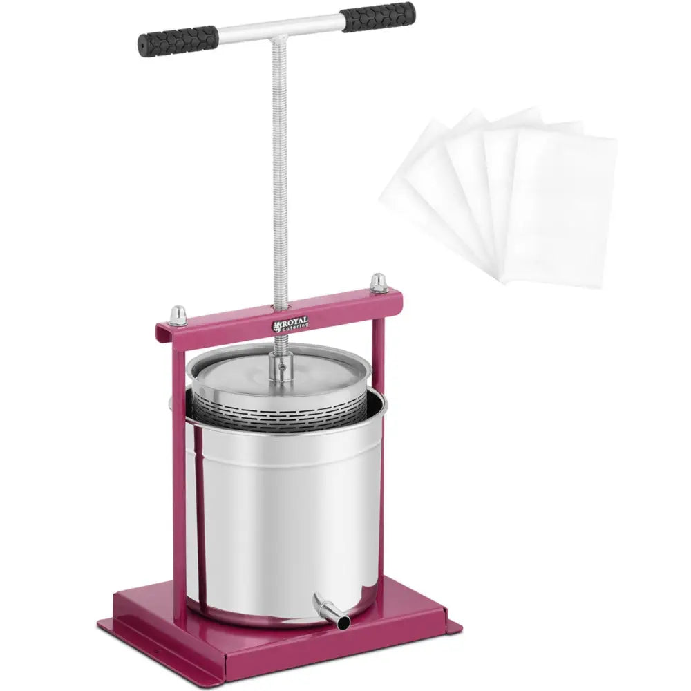 Fruktpresse 12 L med rosa ramme, sort håndtak og fire hvite filterduker, frontvisning.