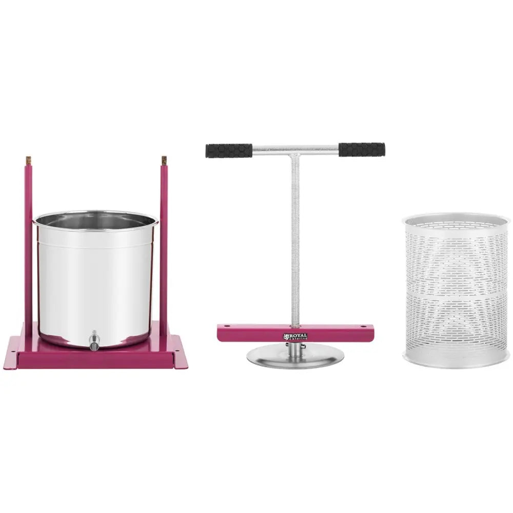 Press for fruktvin og juice, deler vist separat: beholder, perforert sylinder og T-presse med rosa detaljer.