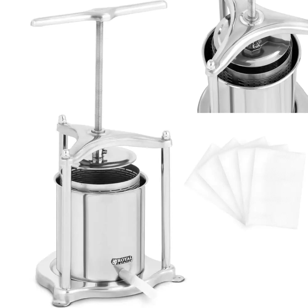 Press for håndlaget juice 5 l, rustfri presse med håndtak og skrumekanisme, hvite filterduker ved siden av.