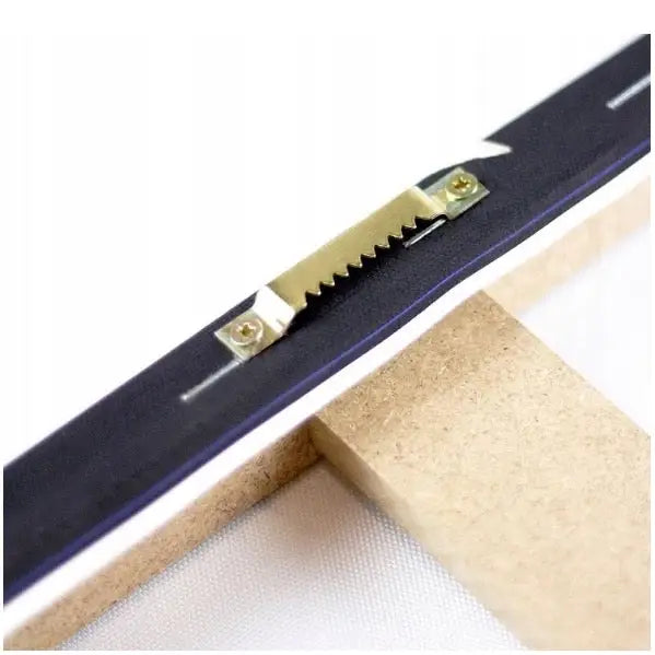 Sagtagget opphengsbøyle i metall, festet med to skruer på baksiden av lerretsbildets treramme.