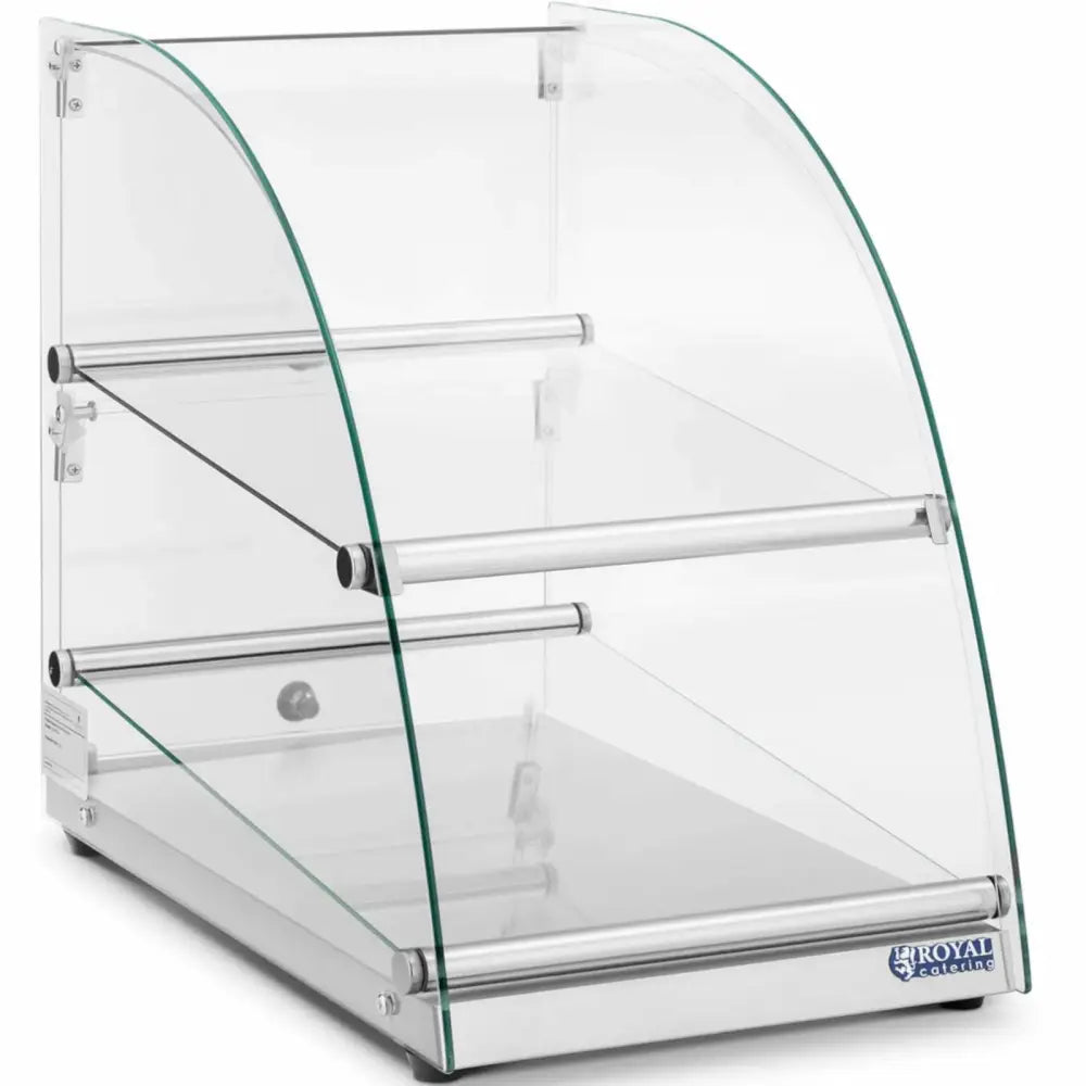 Selvbetjent buffévitrine med buet glassfront, tre hyller og Royal Catering-logo på stålrammen.