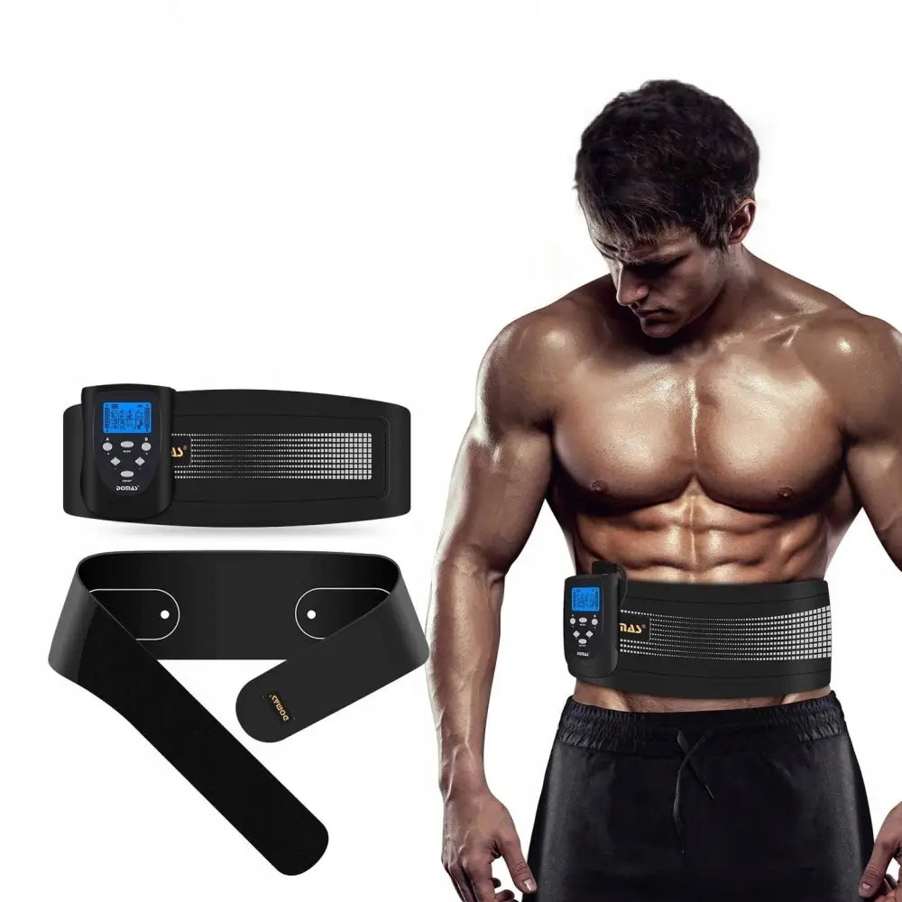 Muskelstimulator Domas Ab, svart belte med digital skjerm, vist i bruk rundt midjen under trening.