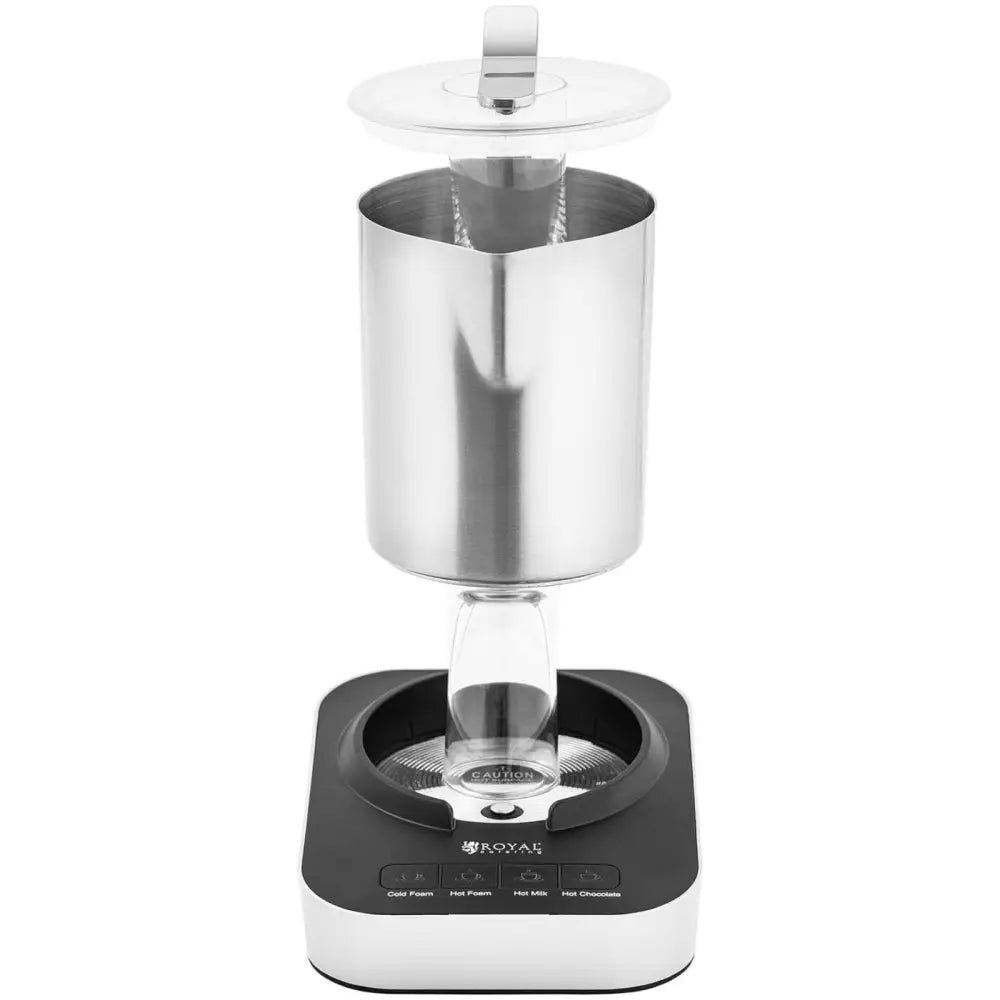 Profesjonell induksjon melkoppvarmer skummer 0.6L, frontbilde med avtagbart lokk og synlige kontrollknapper.