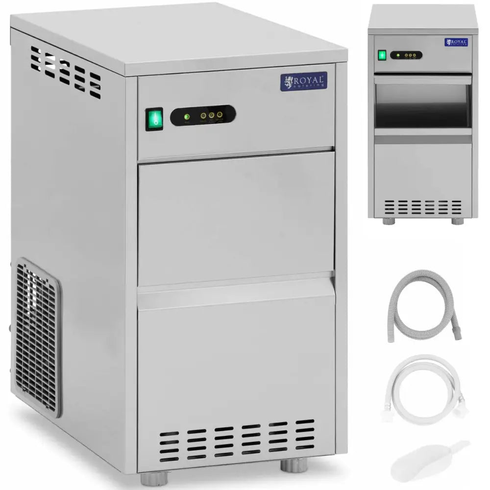 Profesjonell ismaskin i rustfritt stål, sett skrått forfra med knapper, luftventiler, slange og isskje.