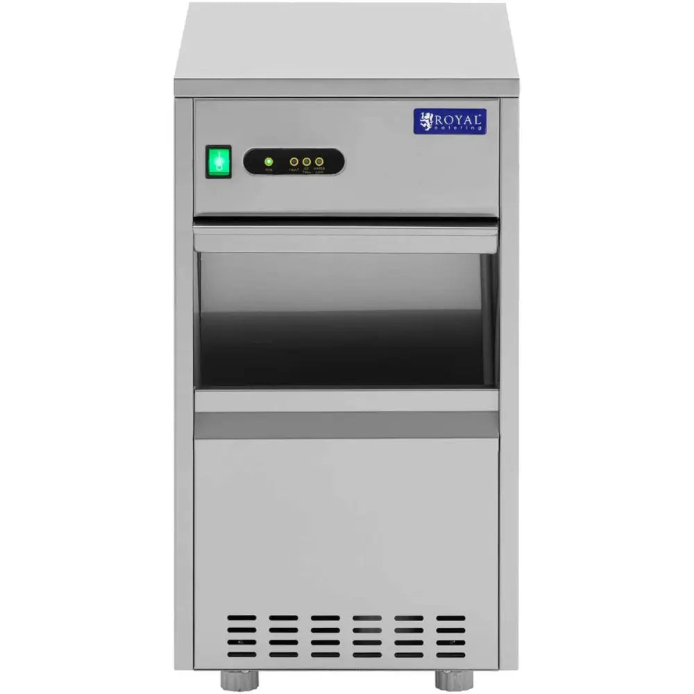 Profesjonell ismaskin, frontvisning med kontrollpanel, grønn strømbryter og blå logo på metalloverflaten.