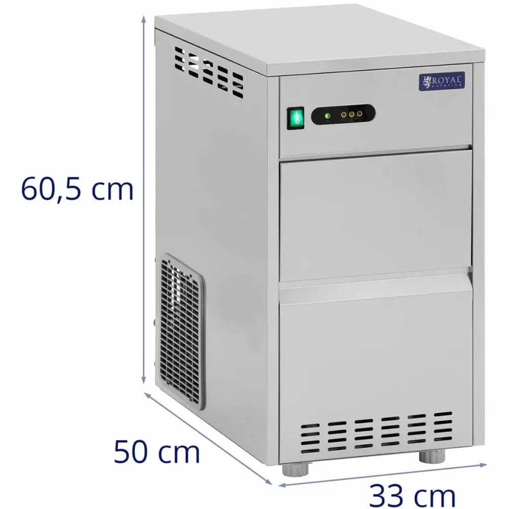 Profesjonell ismaskin i grått metall, skrå visning med frontpanel, ventilasjonsgitter og tydelige målmarkeringer.