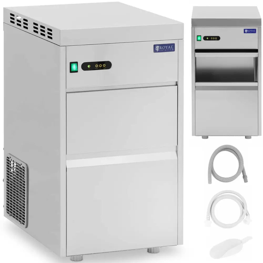 Profesjonell ismaskin i sølvfarget metall, sett forfra med kontrollpanel, to slanger og isskje ved siden av.