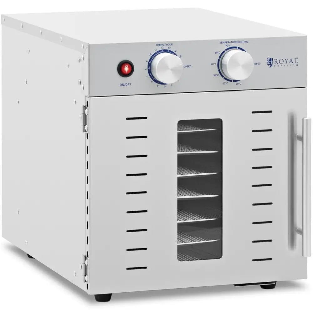 Matavfukter dehydrator med åtte hyller, sølvfarget frontdør med vindu og kontrollpanel på toppen.