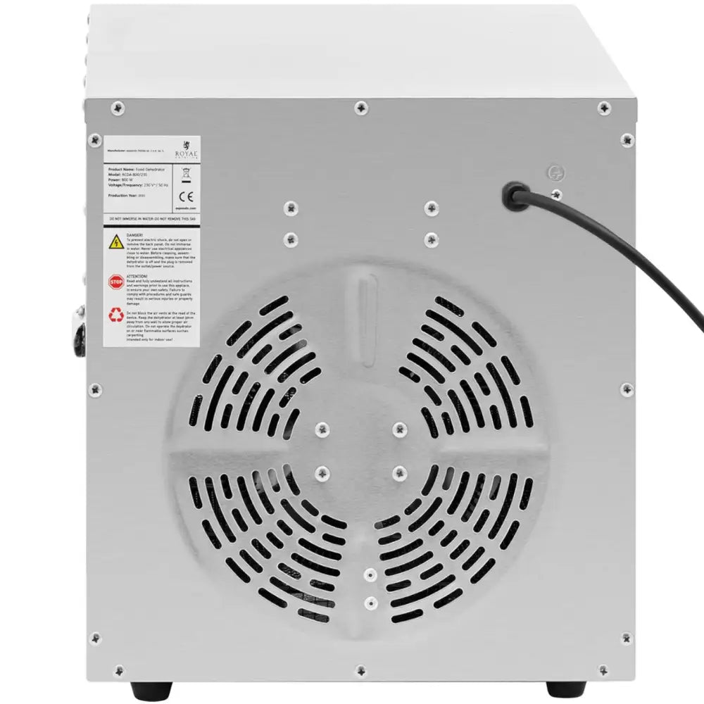 Profesjonell matavfukter dehydrator bakside med synlig ventilasjonsrist, strømledning og informasjonsetikett.