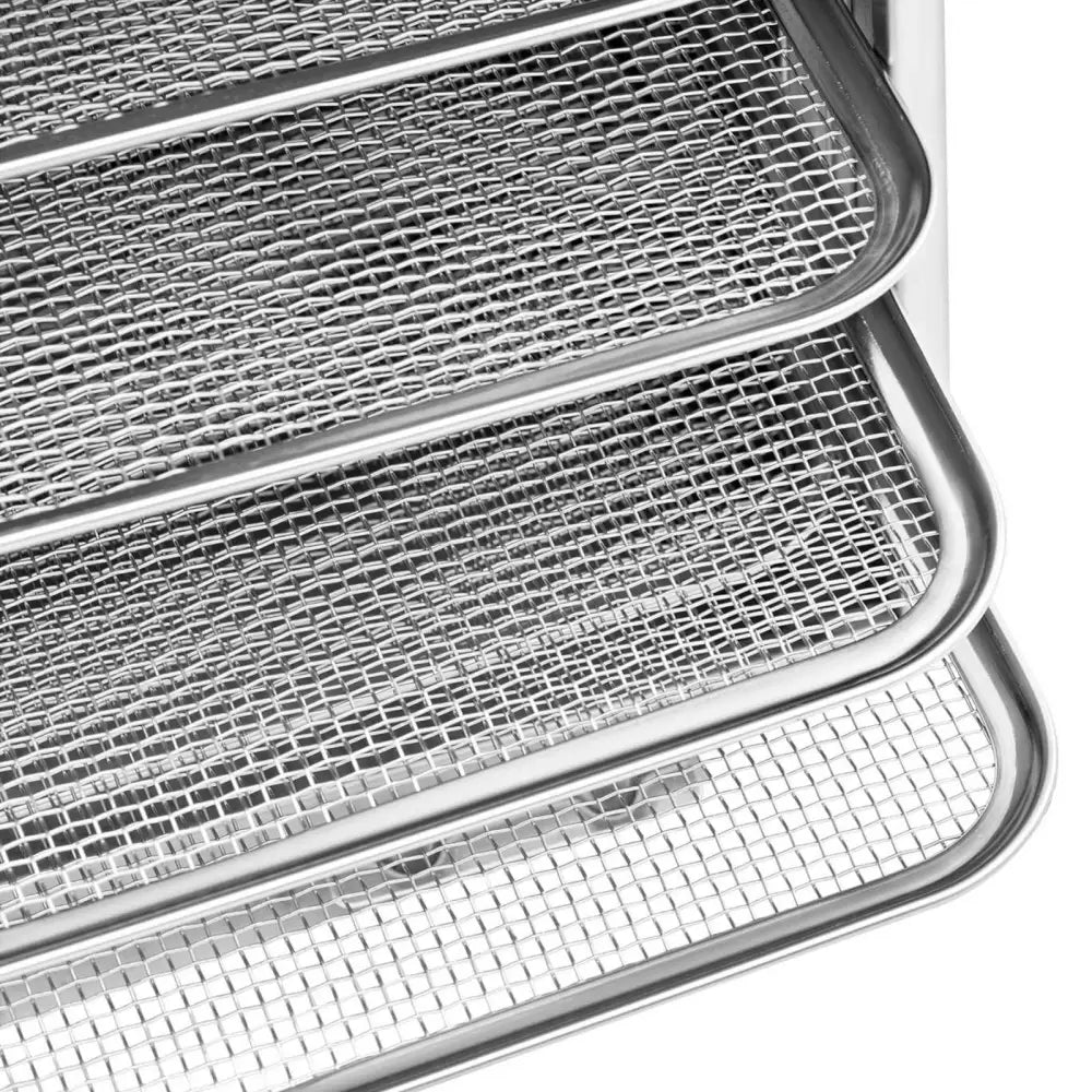 Fire stålbrett til matavfukter, sett fra siden, med tettmasket gitter og avrundede kanter.