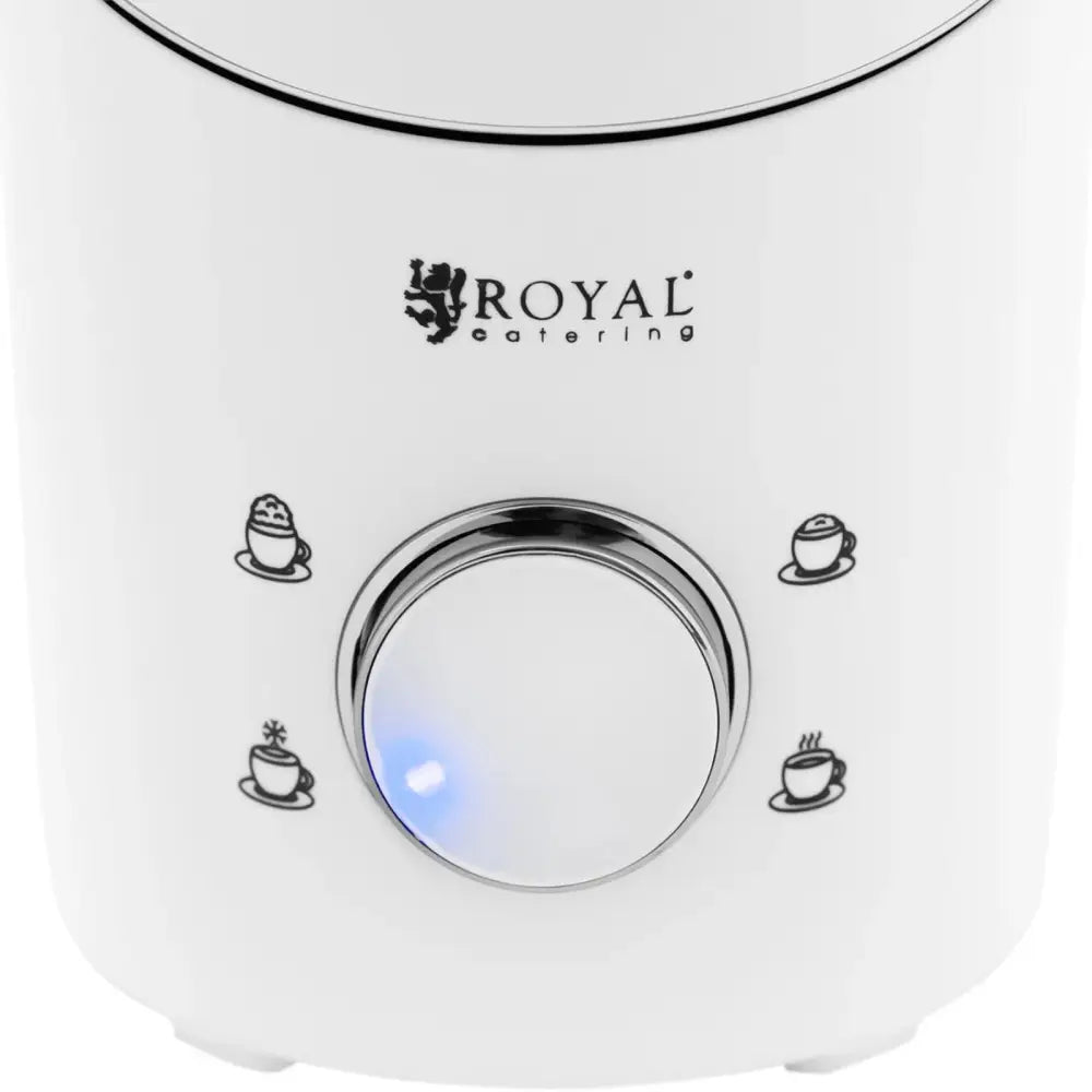 Profesjonell melkoppvarmer med skumlegger, frontvisning med blå lys, sølvknapp og Royal Catering-logo.