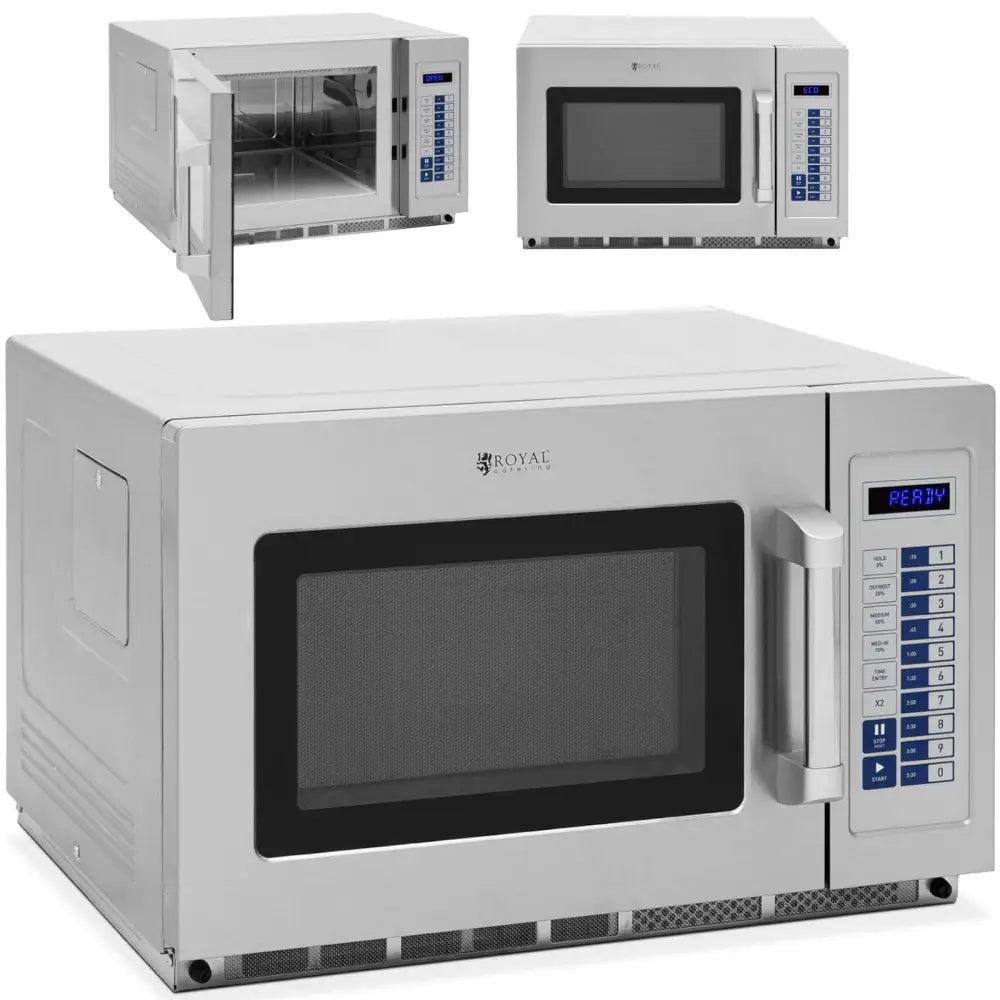 Profesjonell mikrobølgeovn i rustfritt stål, skrå front med digitalt panel og bredt håndtak, dør åpen og lukket.