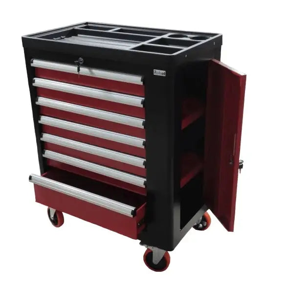 Profesjonell verkstedvogn med sju skuffer, sidehylle åpen, svart og rød, sett fra siden på hjul.