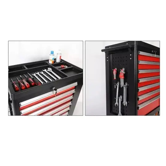 Profesjonell verkstedvogn med 7 skuffer, skråvisning som viser kroker på siden og rom for smådeler på toppen.
