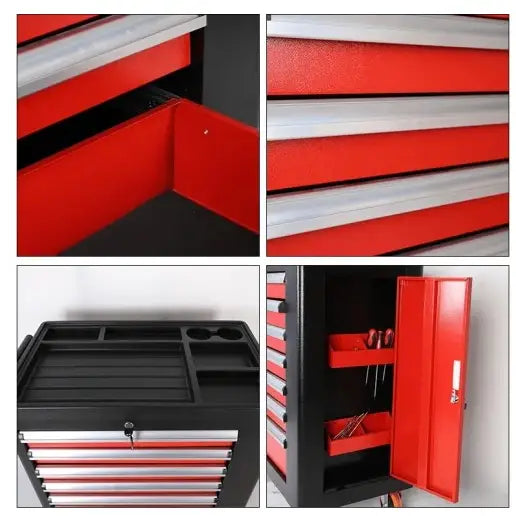 Profesjonell verkstedvogn, nærbilde av åpnet sidekammer med synlige verktøy og røde skuffer.