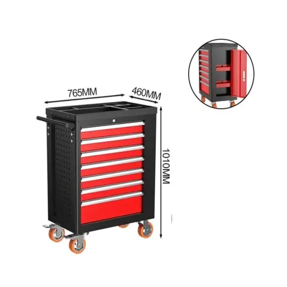 Profesjonell verkstedvogn med sju skuffer, skrå frontvisning, viser hjul, håndtak og mål i millimeter.