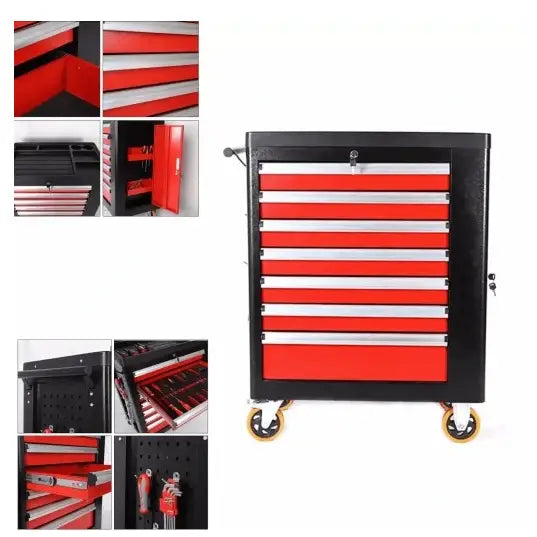 Profesjonell verkstedvogn i sort og rødt metall, sidevisning med fokus på lås, hjul og skuffedetaljer.