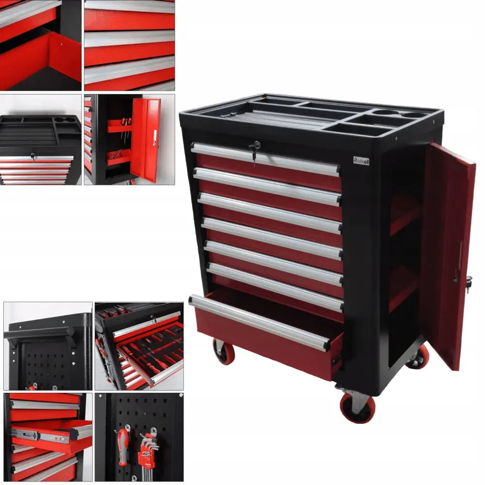 Profesjonell verkstedvogn i sort og rødt, fokus på åpne skuffer, sidehyller og detaljer i låssystemet.